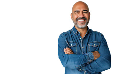 smiling Latin American mature man the confident male is wearing a blue denim shirt on transparent background.