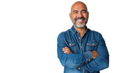 smiling Latin American mature man the confident male is wearing a blue denim shirt on transparent background.