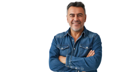 smiling Latin American mature man the confident male is wearing a blue denim shirt on transparent background.