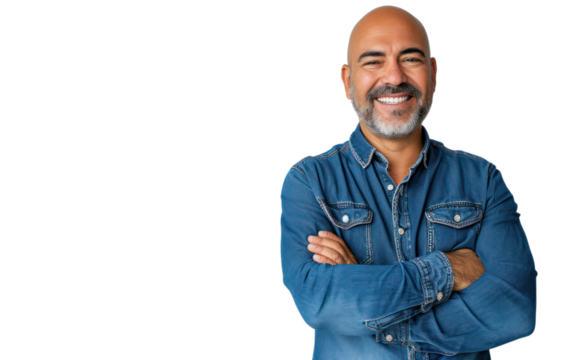 smiling Latin American mature man the confident male is wearing a blue denim shirt on transparent background.