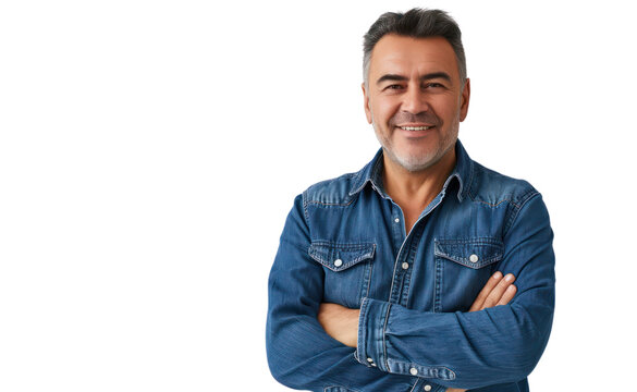 smiling Latin American mature man the confident male is wearing a blue denim shirt on transparent background.