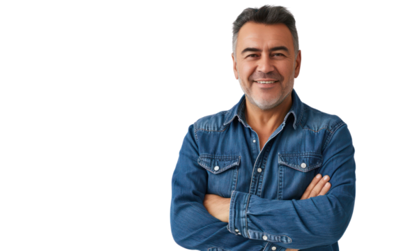 smiling Latin American mature man the confident male is wearing a blue denim shirt on transparent background.