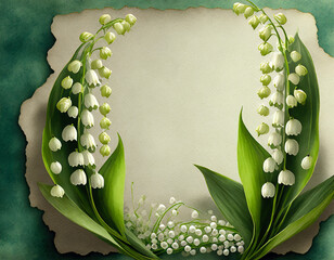 Rahmen aus Maigl&ouml;ckchen, mit zerrissenem Papier im Hintergrund, gr&uuml;n, wei&szlig;, beige, mit Kopierraum 