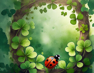 Rahmen aus Zweigen Gl&uuml;cksklee Bl&auml;tter mit Marienk&auml;fer, gr&uuml;n, braun, rot, schwarz, mit Kopierraum