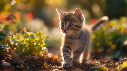 A tiny Munchkin kitten with short legs exploring a garden.