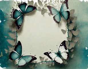 Rahmen aus Schmetterlingen, auf Papier Hintergrund, blau, grau, beige, f&uuml;r design, mit Kopierraum, mit KI erstellt 