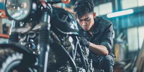 An Asian Mechanic Focuses On Motorcycle Repair In A Workshop Setting. Сoncept Motorcycle Repair, Workshop Setting, Asian Mechanic, Tools And Equipment, Expertise