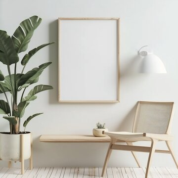 Mock up poster in interior with white wall and lush green plant.
