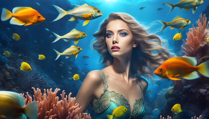 Obraz na płótnie Canvas Ocean UnderWater World, Fashion Model under water among Moski corals, surrounded by fantastic tropical fish.