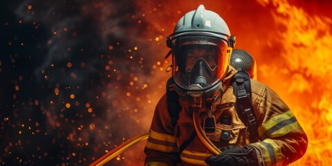 An Unidentified Firefighter Demonstrates Professionalism While Operating Firefighting Equipment In Protective Gear. Сoncept Firefighter Training, Life-Saving Skills, Firefighting Equipment