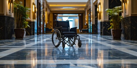 A Wheelchair In An Opulent Lobby: A Symbol Of Healthcare, Accessibility, And Progress. Сoncept Gardening Therapy, Hiking Adventures, Sunset Beach Photos, Urban Street Art, Family Picnic