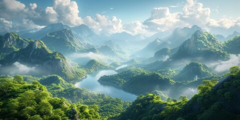 Fototapeta na wymiar Magnificent 3D Render Immortalizes Tranquil Asian Landscape Featuring Majestic Hills. Сoncept Mountain Hiking Adventures, Wildlife Photography, Stunning Waterfall Discoveries