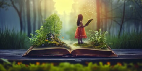 Child Explores Magical World Within An Open Book, Blending Nature And Imagination. Сoncept Magical Book Adventures, Nature And Imagination, Exploring Imaginary Worlds