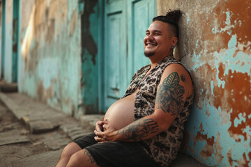 Diversity in parenthood pregnant man challenging gender norms and expanding the definition of family concept. Excited pregnant adult trans man with beard expecting father sitting outside on street