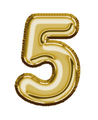 Isolated number gold foil balloon effect, number five  transparent background 