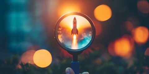 Concept Of Success In Business Startup With A Magnifying Glass On Rocket Launch. Сoncept Business Startup Success, Magnifying Glass, Rocket Launch, Achieving Goals - obrazy, fototapety, plakaty