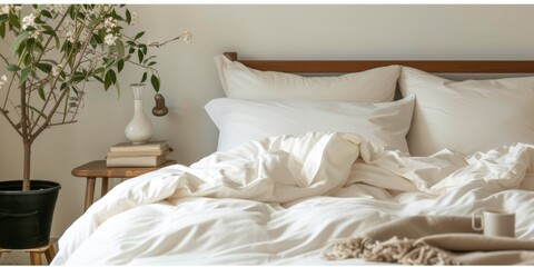 Fototapeta na wymiar Cozy Up With An Ivory Duvet In A Warm Bedroom For Winter. Сoncept Winter Decor, Bedroom Inspiration, Ivory Duvet, Cozy Atmosphere