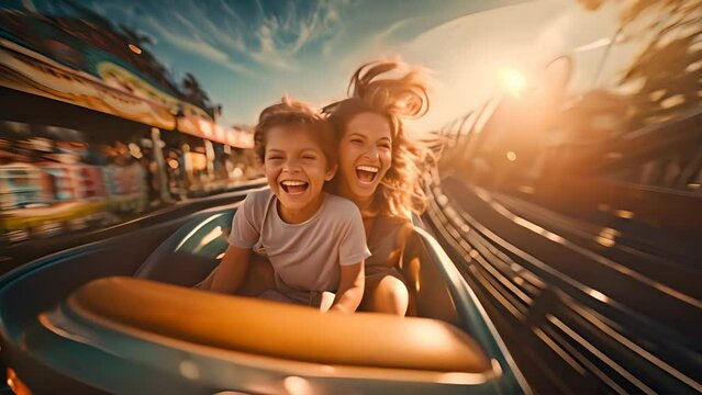 Mother and two children ride a roller coaster in an amusement park or state fair. Experience excitement, happiness, and laughter.