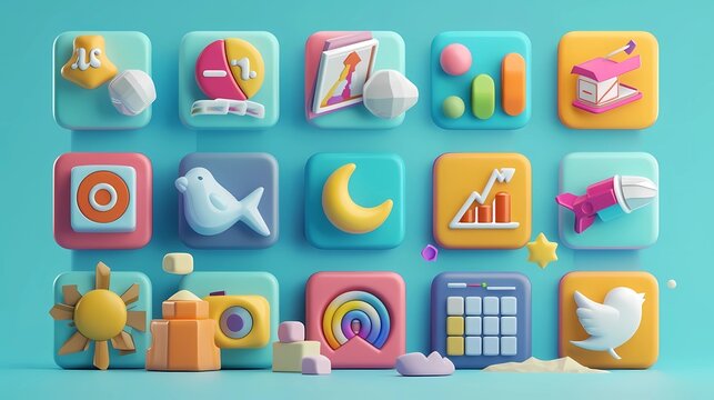Set of 3d business icons. Trendy illustration of Digital Business, Marketing, Data Analysis, Social Media, Startup, Solutions, HR, Stock Market, Finance