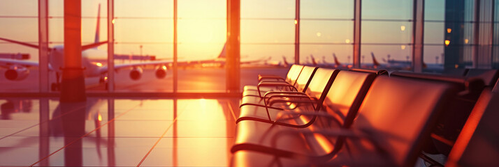 close-up of empty seats at the airport, in the window there is a view of the plane without focus, orange sunlight, space for text on the banner
