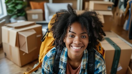 Young Person Amidst Moving Boxes in a Well-lit Room - obrazy, fototapety, plakaty