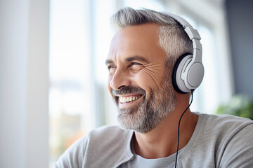 Photo image of a cheerful happy senior person pensioner feeling young listening upbeat music...