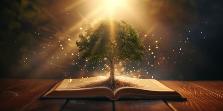 Education Symbolized By A Tree Growing From An Open Book, Surrounded By Magical Light. Сoncept Nature-Inspired Learning, Symbolic Growth, Illuminated Knowledge