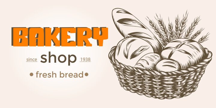Hand drawn illustration of basket with different kinds of bread. Bakery product. Template for poster business card banner label and icon for bakery shop and menu. Bakery hand sketched engraved style.