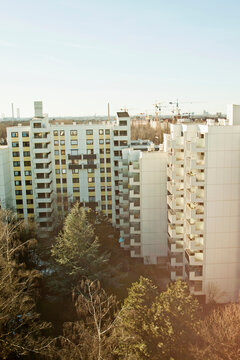 Apartment houses from higher perspective with warm light. Munich, Germany