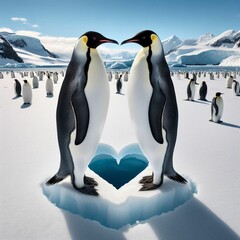 Two penguins on an ice floe, valentine, valentine's day, valentine's card, white snow