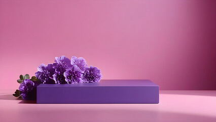 Purple platform, display for presentation of products, cosmetics on a pink background.