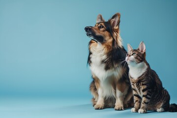 Dog and the cat are looking in the same direction