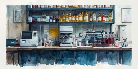 A scientific laboratory setting with glassware, bottles, and equipment representing cutting-edge health and medical research.