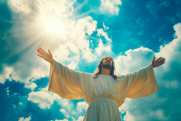 Jesus Christ with open arms against blue cloudy sky	 - obrazy, fototapety, plakaty