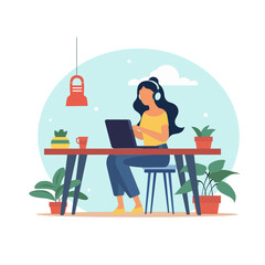 Girl working at the desk on the computer wearing headsets. Illustration in flat style representing remote work