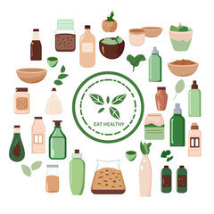 Set of eco healthy vegetarian ingredients. Illustration is in flat simple style representing greed healthy food