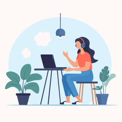 Girl working at the desk on the computer wearing headsets. Illustration in flat style representing remote work