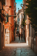 Fototapeta premium street in the old town. Venice, Venetian street. Old European city. Small village. Italy, France, Prague, Poland. Spanish or Spain town. Summer, old city district. Vertical, portrait photo