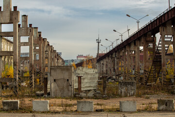 Fototapeta premium Industrial cityscape, old brick buildings of factories and factories