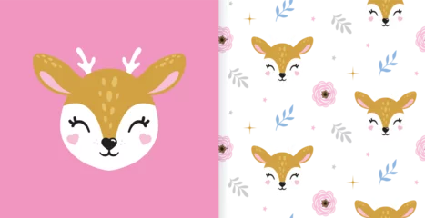 Muurstickers Speelgoed Illustration of cute deer, fawn. Baby, child, cute portrait. Little face, little animal, pet. Brown character, colorful graphic. Stickers, wall art, kids room decoration, cutie full face, small fawn