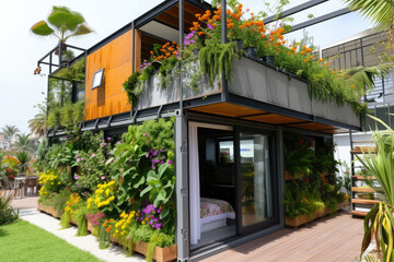 Fototapeta na wymiar a modern container house with many tropical plants and flowers garden