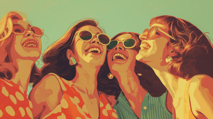 Happy diverse women in a vintage and retro style illustration - obrazy, fototapety, plakaty