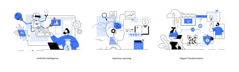 Fototapeta na wymiar Artificial intelligence machine learning digital transformation concept set. Deep learning line vector. Ai, Data mining, algorithm, neural network, deep learning autonomous. Finance Fintech. Chat bot