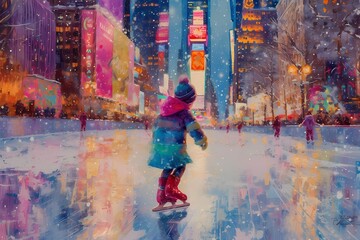 A young artist glides through the urban landscape, painting a vibrant masterpiece on the cold concrete canvas with their acrylic ice skates