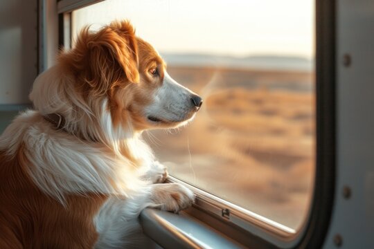 A dog sits on a train and looks out the window at the desert.