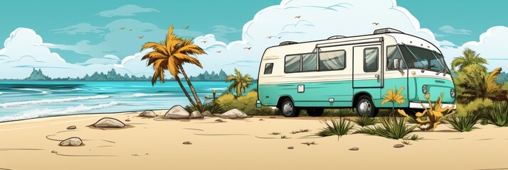 Hippie retro mobile home on wheels on sea coast, cartoon style , summer travel