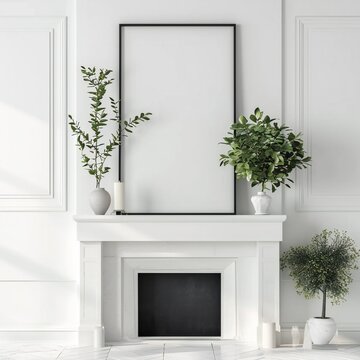 cozy home Frame mockup with green plant and fire place