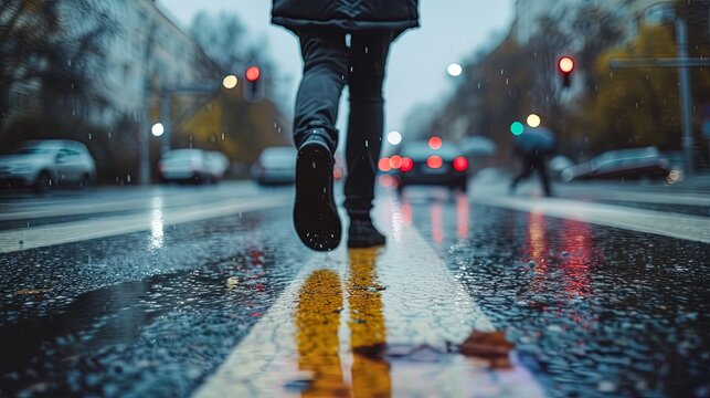 Close up of the legs of a young man walking along a wet street during the rain, ai generative - Powered by Adobe