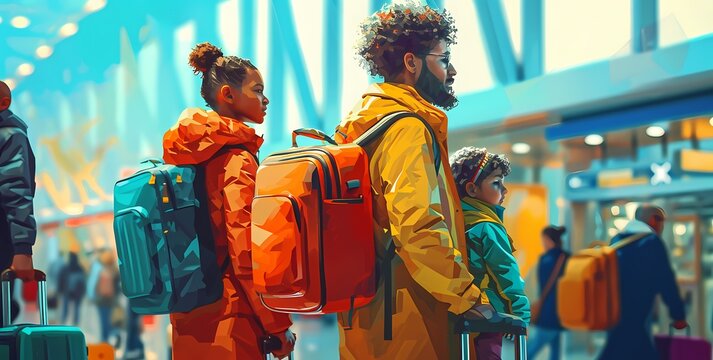 A man and a girl with matching orange jackets stand on a bustling street, surrounded by people walking towards a grand building, their luggage by their side, ready for a new adventure