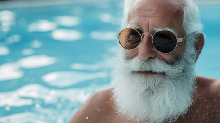 An aged man in sunglasses swims in the pool. Senior Caucasian man swimming in the pool. Photo of charming funky elderly man. high angle view - Powered by Adobe